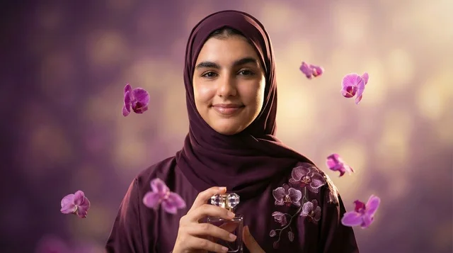 امرأة سعودية بالحجاب مع مسارات ضوئية متوهجة