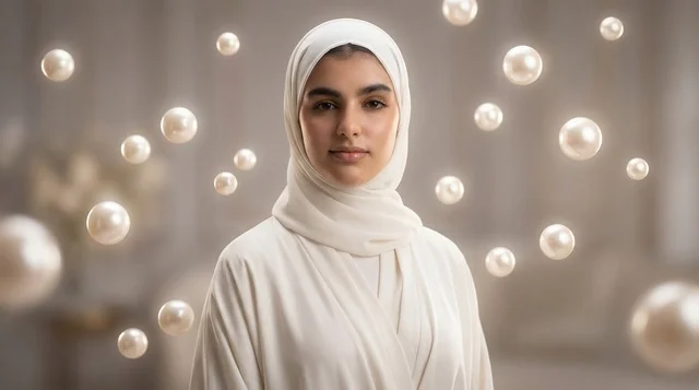 A Saudi woman in a hijab with glowing light trails.
