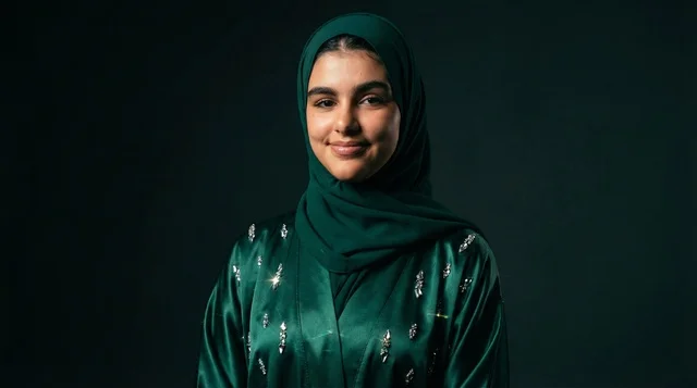 Saudi Woman in Green Abaya and Hijab Studio Portrait