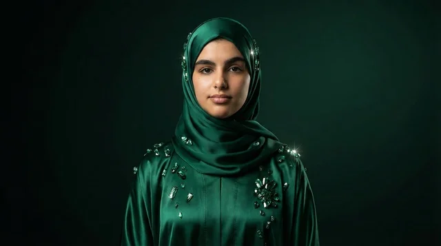 Saudi Woman in Green Satin Abaya with Crystals