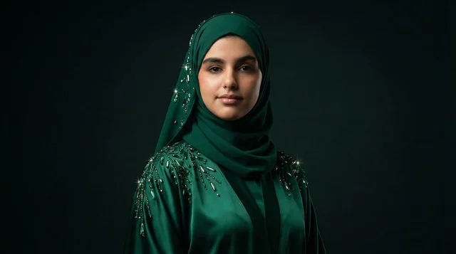 Emirati Woman in Green Embroidered Abaya Portrait