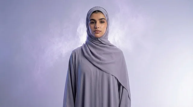 Arab Woman in Gray Abaya and Hijab with Smoke Effect
