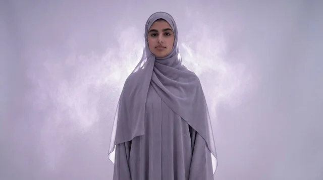 A Saudi woman in a hijab with glowing light trails.