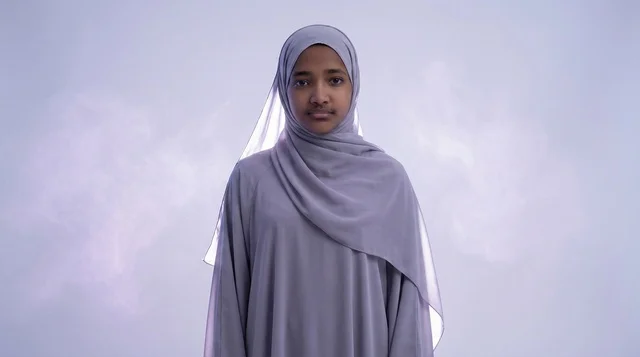 امرأة سعودية بالحجاب مع مسارات ضوئية متوهجة