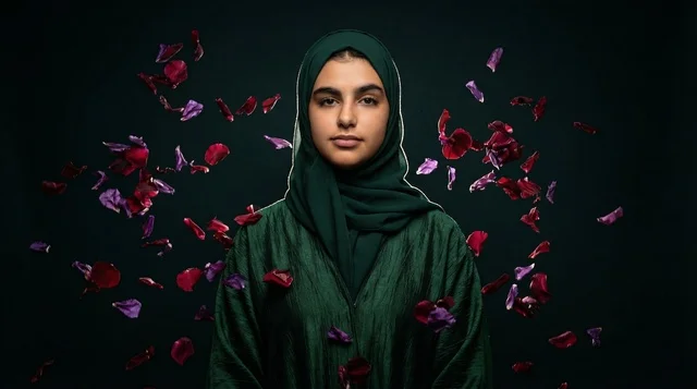Emirati Woman in Green Abaya with Falling Rose Petals