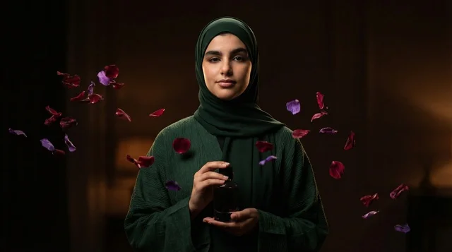 Saudi Woman in Green Abaya Holding Perfume Bottle