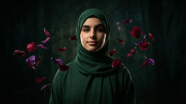 Arab Woman in Green Hijab with Falling Flower Petals