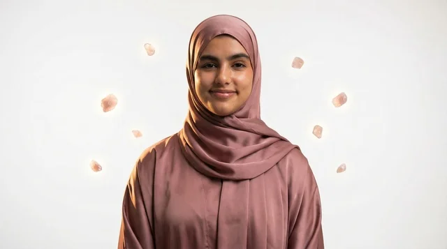 Saudi Woman in Mauve Abaya with Floating Rose Quartz
