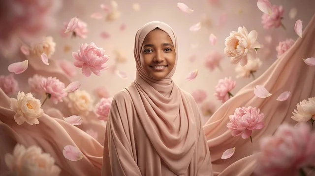 African Woman in Hijab with Floating Pink Flowers