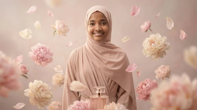 امرأة سودانية بالحجاب مع عطر وزهور متطايرة