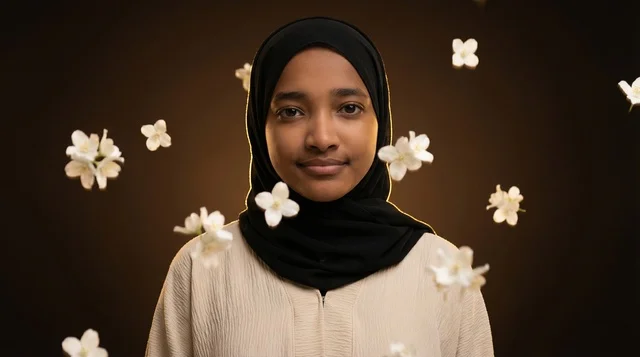 African Woman in Black Hijab with Falling Flowers