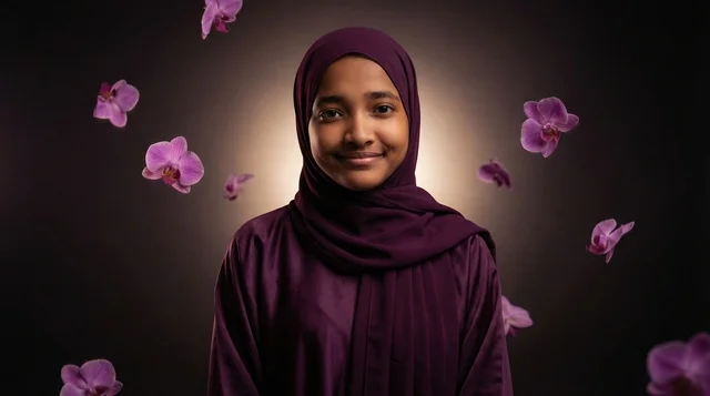 Saudi Woman in Purple Abaya with Orchid Flowers