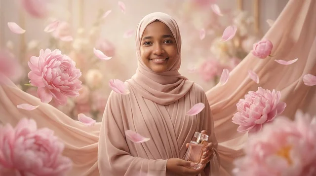 Sudanese Woman in Hijab Holding Perfume Bottle