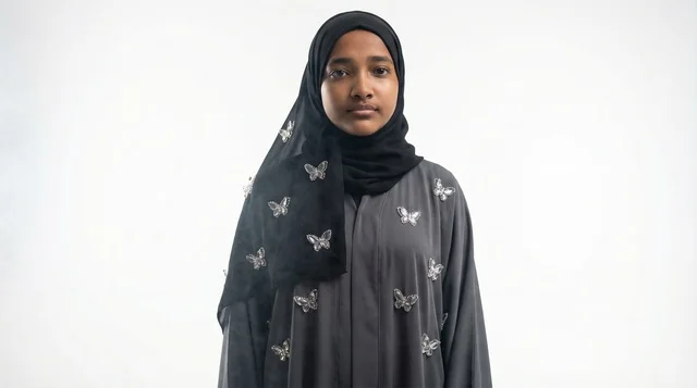 Saudi Woman in Gray Abaya with Butterfly Embroidery