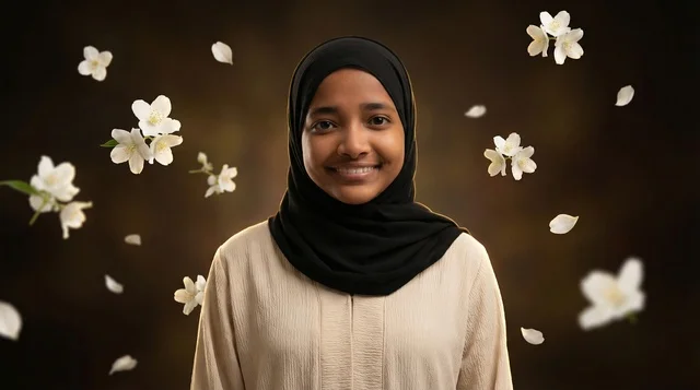Smiling Sudanese Woman in Hijab with Jasmine Flowers