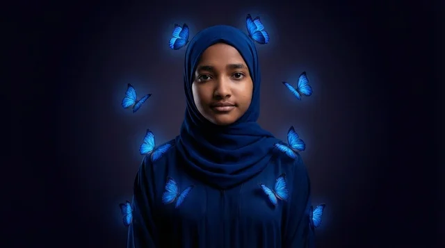 امرأة سودانية ترتدي الحجاب الأزرق مع فراشات مضيئة