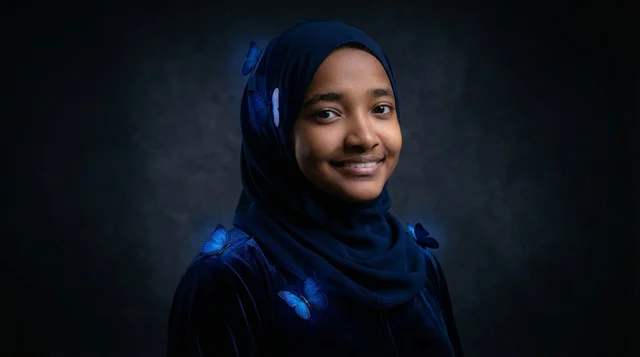 امرأة سودانية محجبة مع فراشات زرقاء