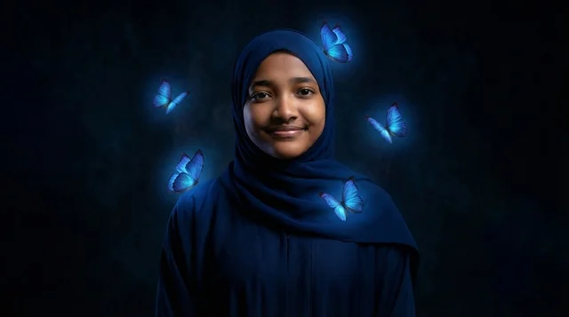 Smiling Sudanese Girl with Glowing Blue Butterflies