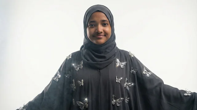 African Woman in Black Embroidered Abaya and Hijab