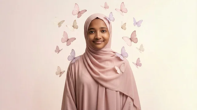 African Woman in Pink Hijab with Digital Butterflies
