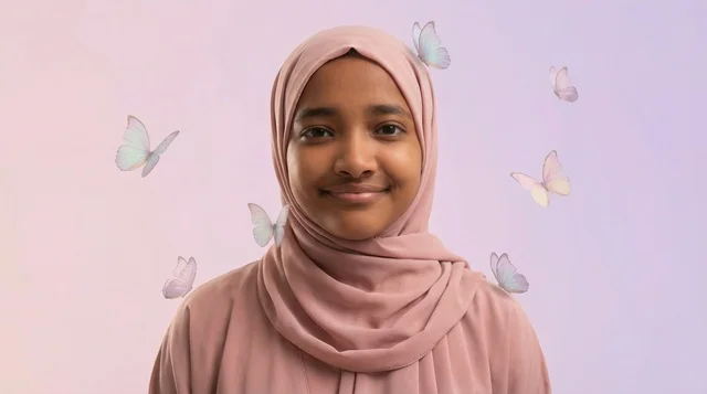 African Woman in Pink Hijab with Digital Butterflies