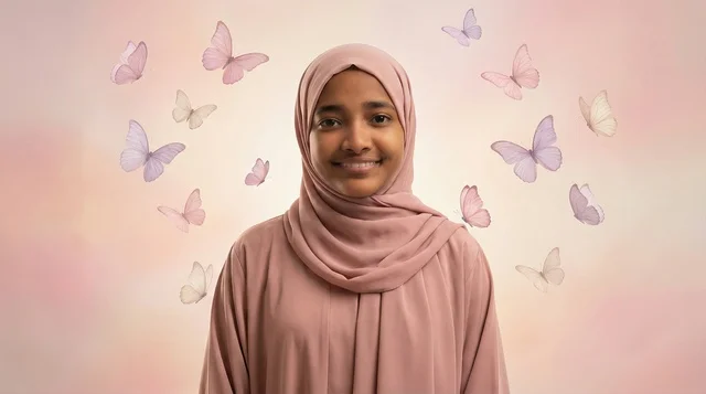 Sudanese Woman in Pink Hijab with Butterflies