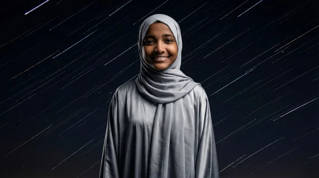 امرأة سودانية بالحجاب مع مسارات النجوم ليلاً
