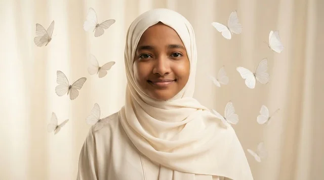 Smiling Sudanese Girl in White Hijab with Butterflies