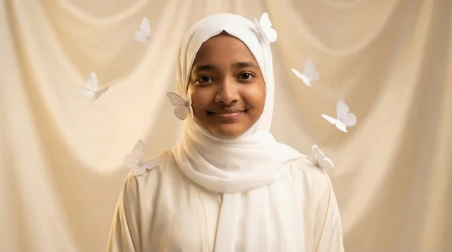 Sudanese Woman in White Hijab with Butterflies