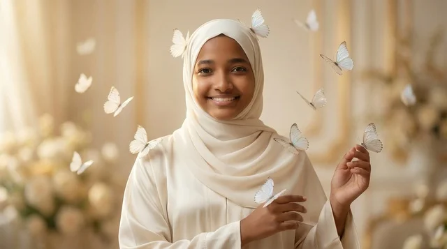 امرأة محجبة بملابس بيضاء مع فراشات امرأة محجبة بملابس بيضاء مع فراشات