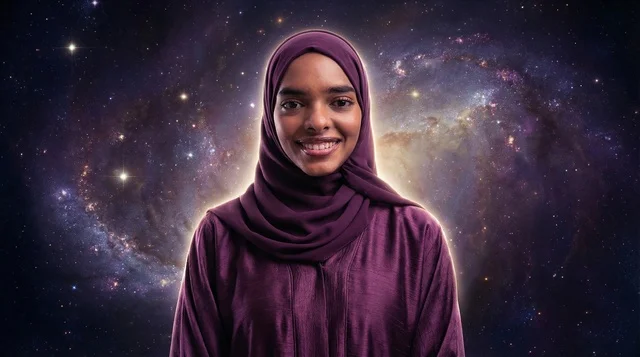 African Woman in Hijab Against Space Galaxy Background