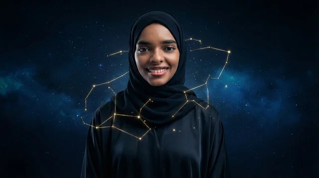 امرأة سودانية بالحجاب مع كوكبات فضائية رقمية