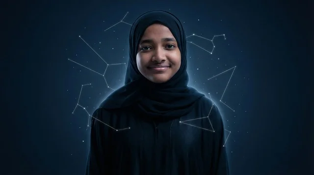 African Girl in Hijab with Astronomy Constellations