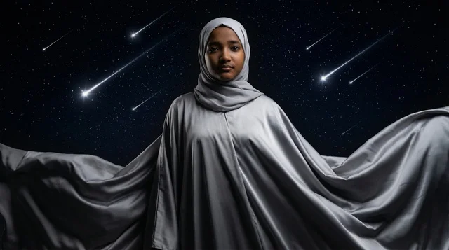Saudi Woman in Hijab Under Night Sky Meteor Shower