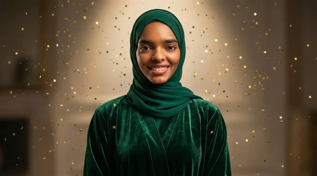 امرأة سودانية بعباءة خضراء مع قصاصات ذهبية