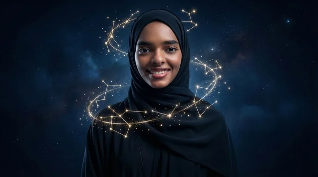 امرأة سعودية بالحجاب مع أبراج فلكية متوهجة