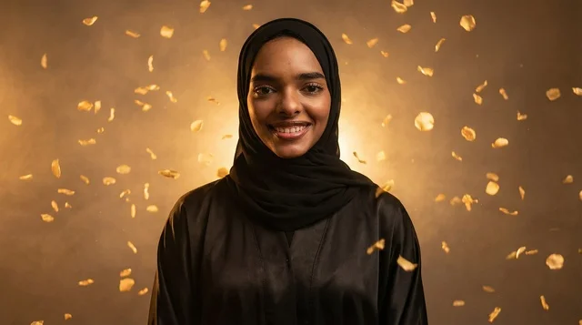 امرأة محجبة مبتسمة مع قصاصات ذهبية متساقطة