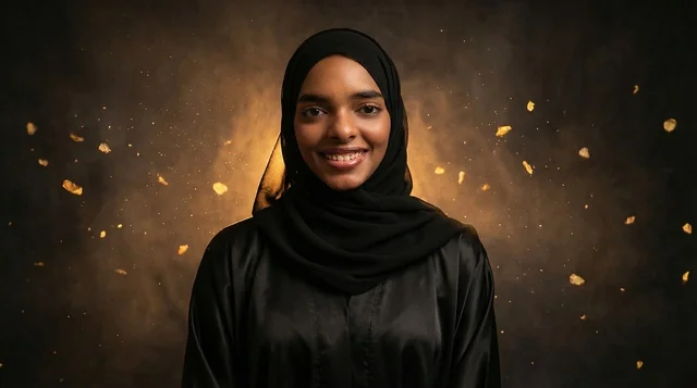 Smiling Sudanese Woman in Black Hijab with Golden Sparks