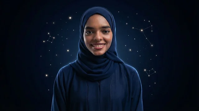 Emirati Woman in Hijab with Digital Constellations