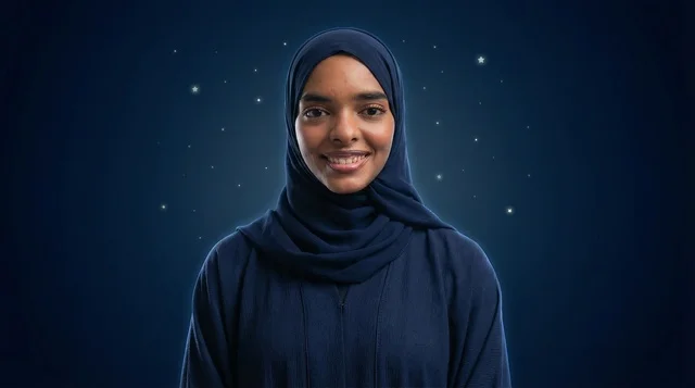 امرأة إماراتية بعباءة كحلية وخلفية لامعة