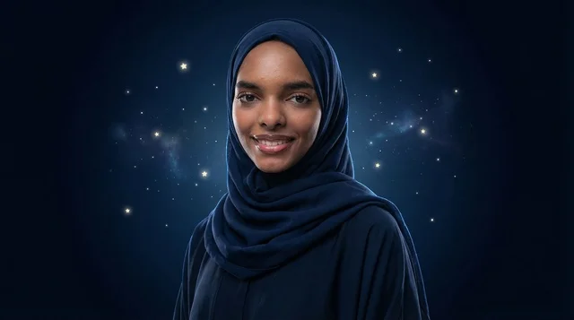 African Woman in Blue Hijab and Abaya at Night