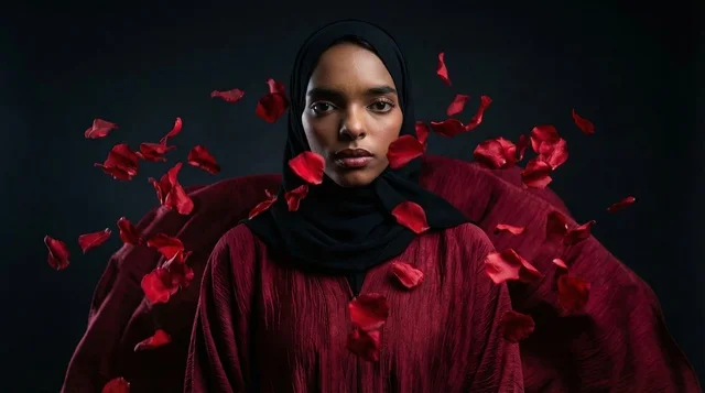 امرأة مسلمة أفريقية بعباءة حمراء وبتلات ورد