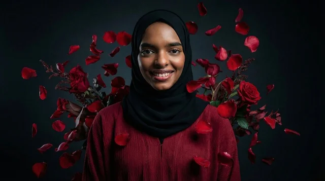 Somali Woman in Hijab with Falling Red Rose Petals