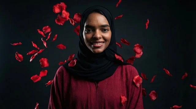 امرأة سودانية بالحجاب مع تساقط بتلات الورد