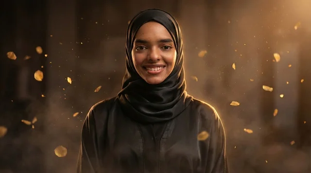 Saudi Woman in Traditional Black Abaya with Golden Light