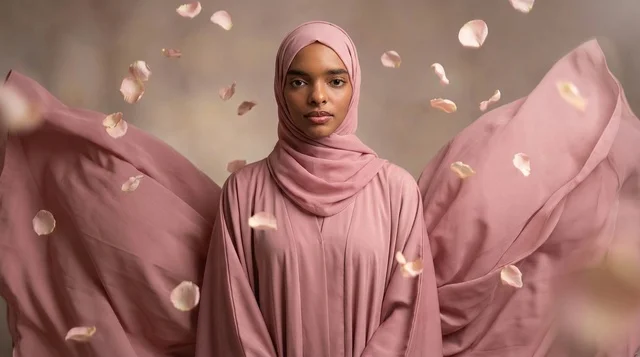 Middle Eastern Woman in Pink Hijab with Rose Petals
