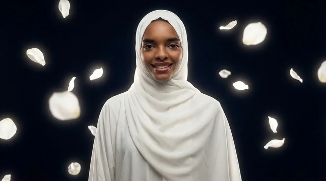 Smiling Woman in White Hijab with Falling Rose Petals