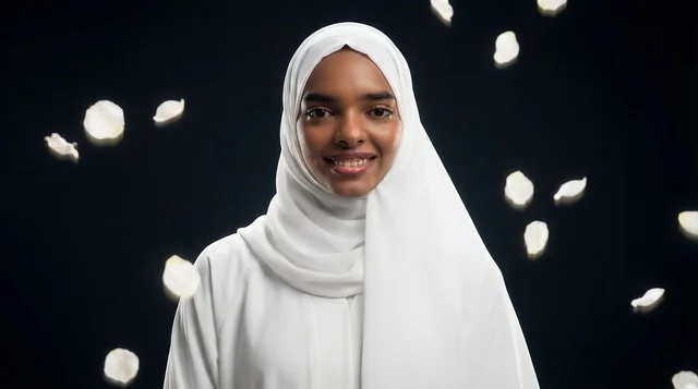 Saudi Woman in White Hijab with Falling Rose Petals