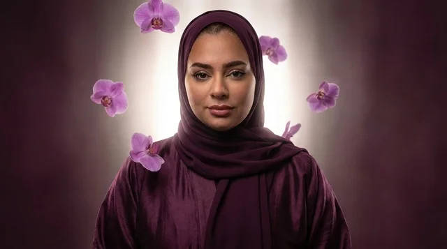 Emirati Woman in Purple Abaya with Orchid Flowers