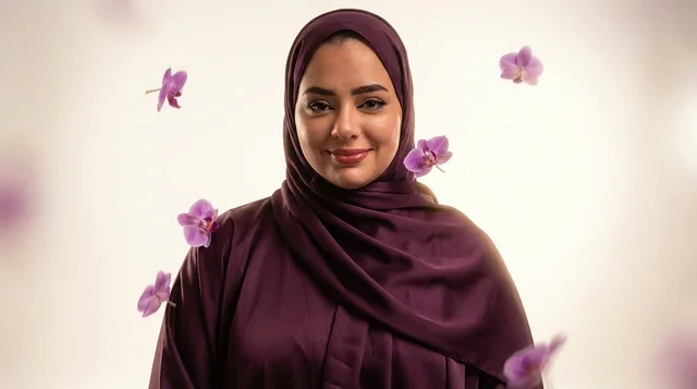 امرأة سعودية بالحجاب الأرجواني مع أزهار متساقطة